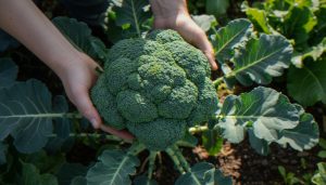 Fresh broccoli head ready to harvest, showing how to harvest broccoli from the vegetable garden.